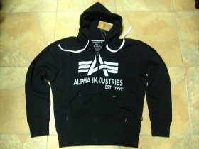 Alpha Industries, hrubá čierna mikina na zips s kapucou a tlačeným logom s klokankovým vačkom 80%bavlna 20%polyester 